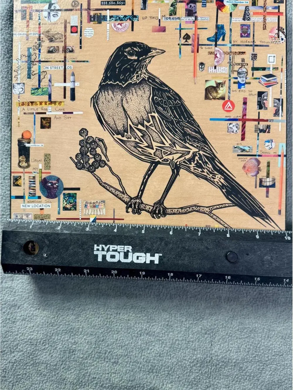 ecurry art bird collage wood panel signed grayson‎ mixed media 10x10